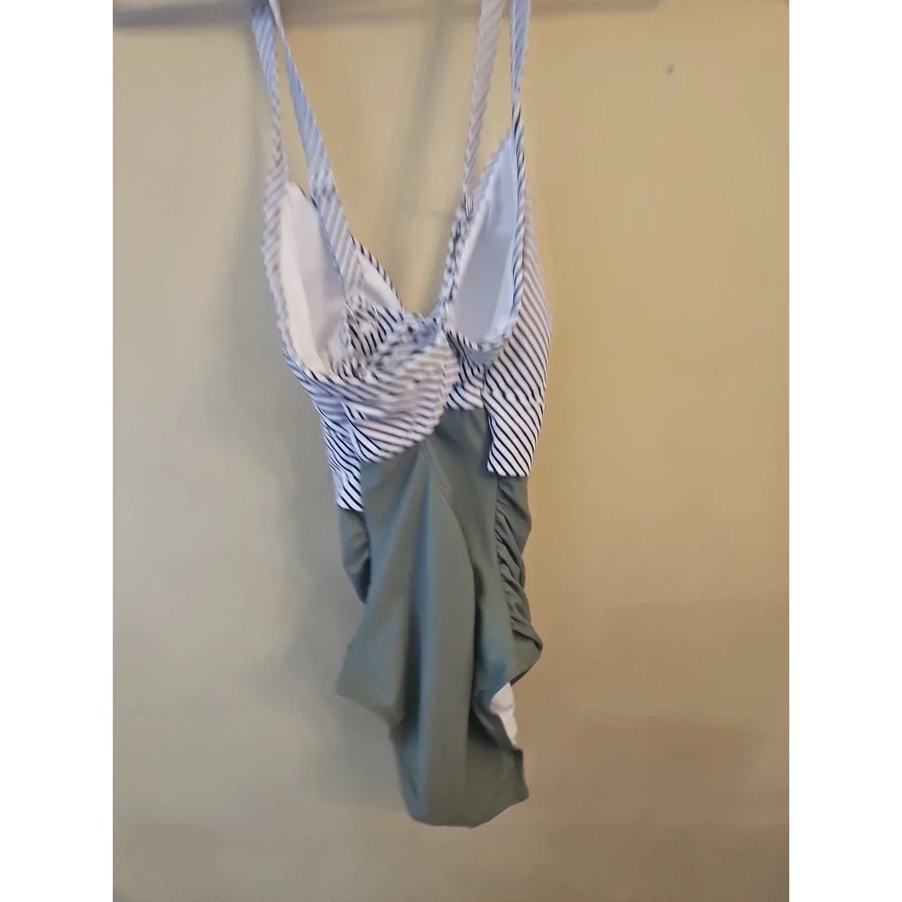 Eomenie Women‎ Swimsuit Oilve Green Black Strips Size Medium